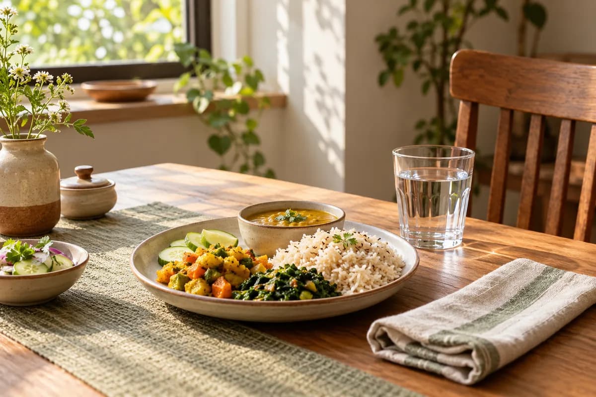 A modest meal and water at a calm, upright dining setting