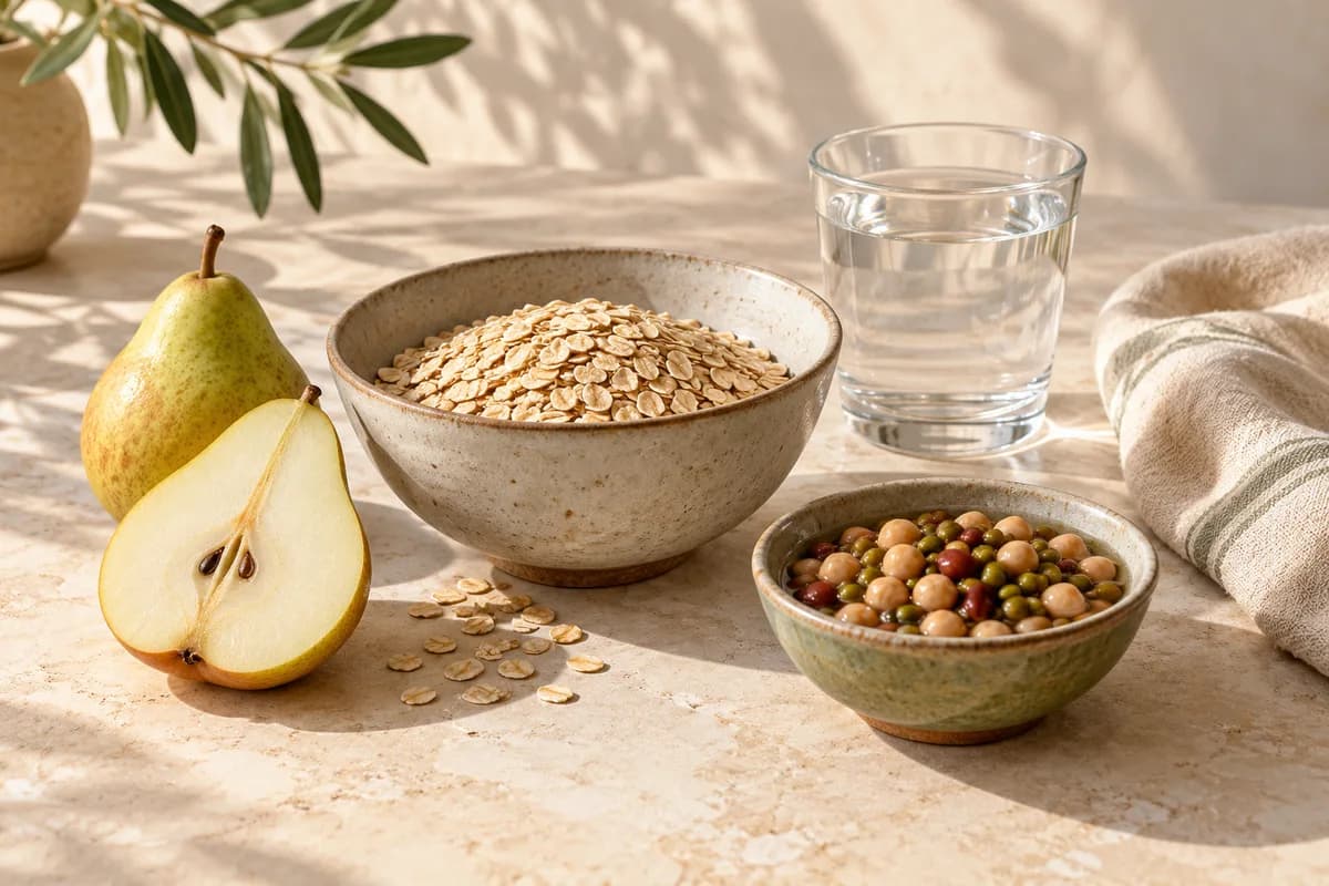 Oats, pear, legumes and a glass of water on a linen-covered table