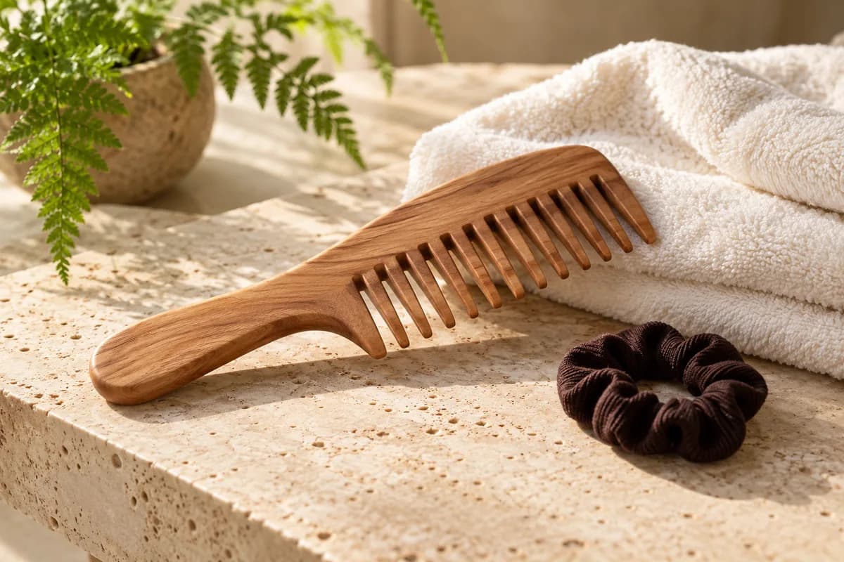 Wooden wide-tooth comb, cotton towel and hair tie