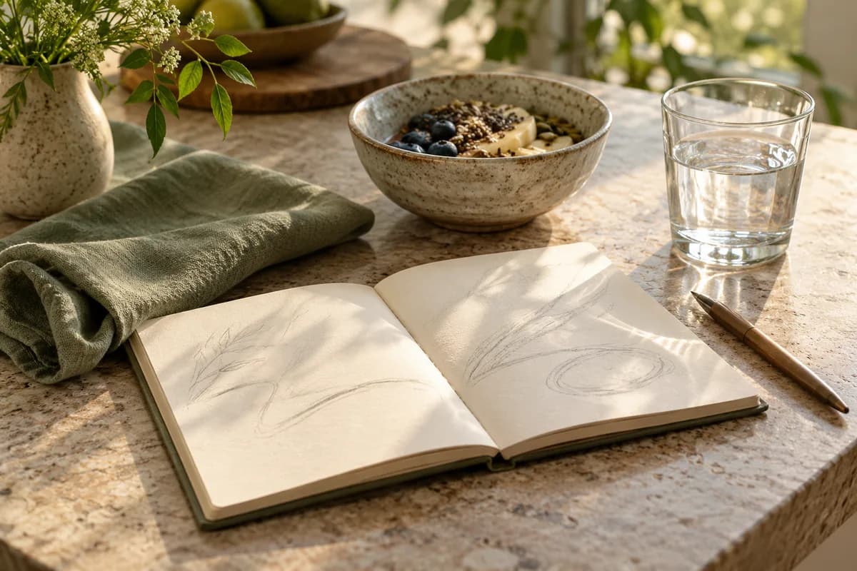 A plain symptom journal, bowl and glass of water on a quiet desk