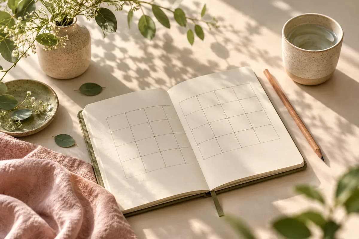 A plain calendar notebook, pencil and water on a sunlit desk