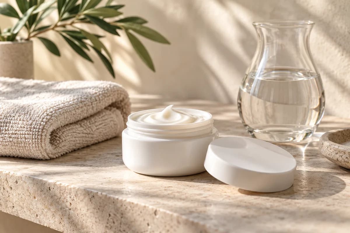 Unbranded moisturiser jar and a folded soft cotton towel