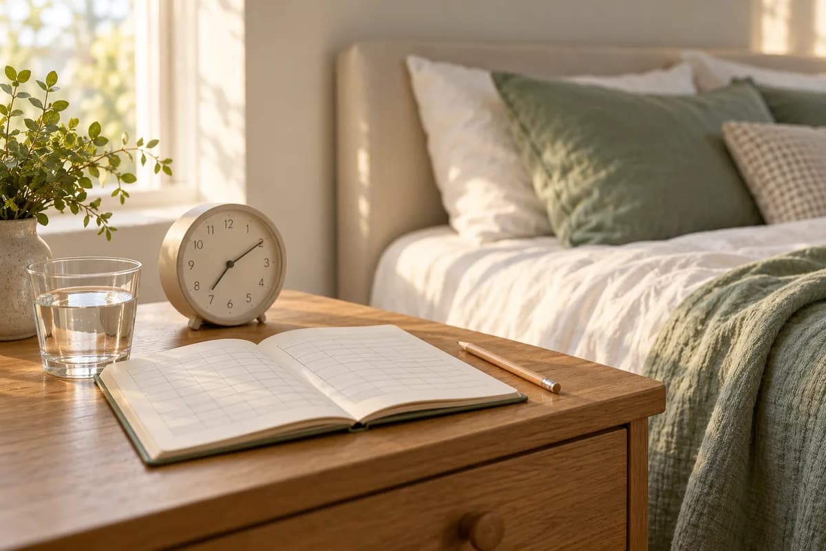Sleep diary, pencil and clock beside a softly lit bed.