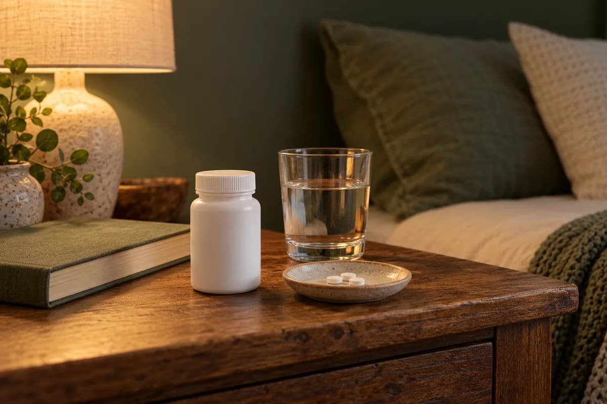 An unbranded medicine container and water in a quiet bedtime setting.